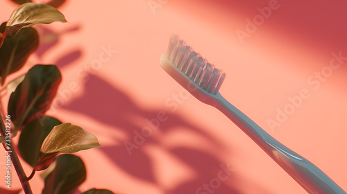 toothbrush with shadow on pink background. Minimal style