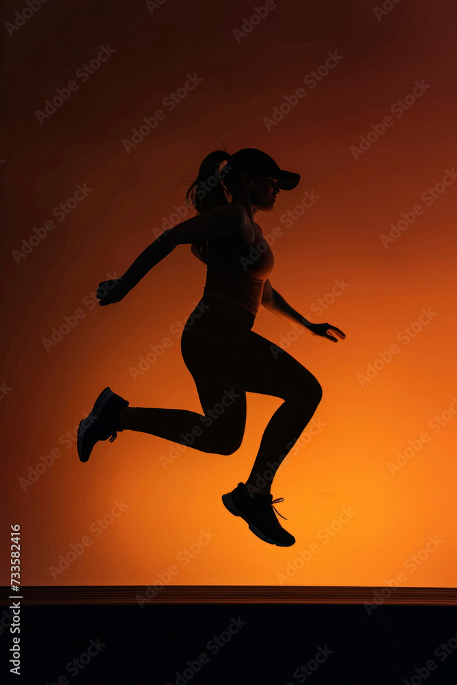 Sporty woman runner in sportswear jumping
at studio against a vivid orange background, fitness lifestyle Sporty woman runner in sportswear jumping
at studio against a vivid orange background, fitness lifestyle