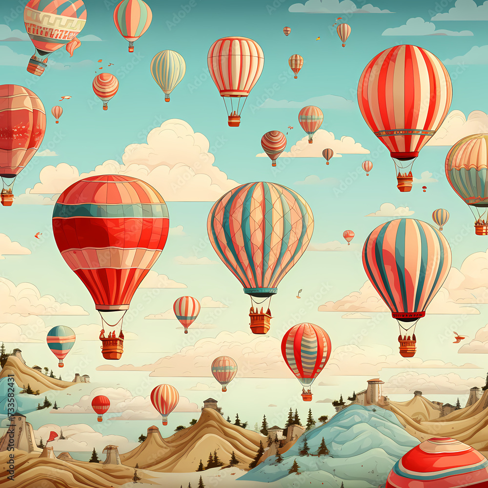 Whimsical hot air balloons in a clear sky.