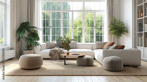 A sunlit living room filled with natural elements, including a white sofa, woven ottomans, large windows, and a variety of house plants.