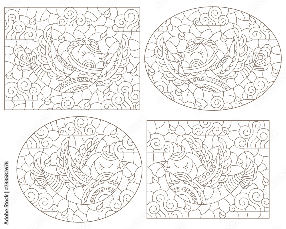 Set of contour illustrations in stained glass style with cute birds on a cloudy sky background, dark outlines on a white background
