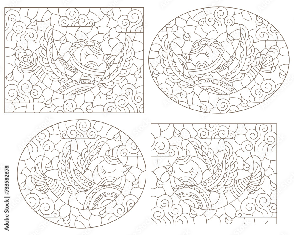 Obraz premium Set of contour illustrations in stained glass style with cute birds on a cloudy sky background, dark outlines on a white background
