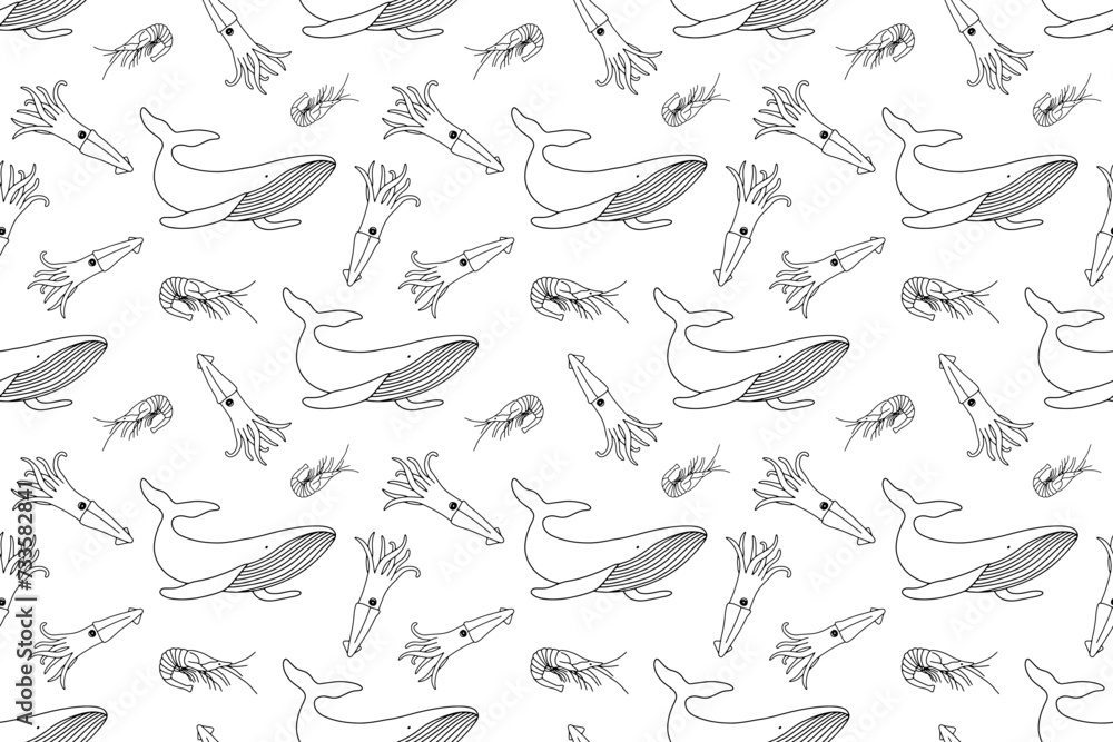 Hand drawn vector monochrome seamless pattern with outline whale, shrimp and squid on white background.