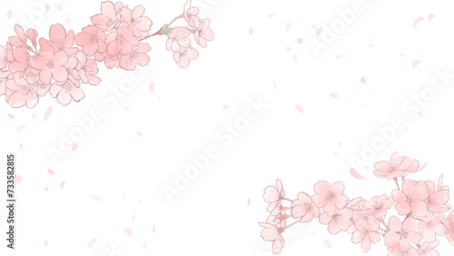 桜のコーナー飾り　水彩風　16：9　桜の花びらが舞い散るイラスト