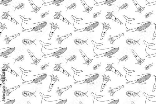 Hand drawn vector monochrome seamless pattern with outline whale  shrimp and squid on white background.