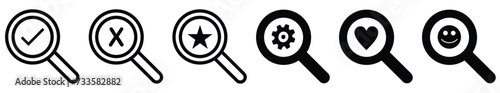 Magnifying glass loupe. search check, tick, cross, star, gears, heart, emoji vector collection icon.