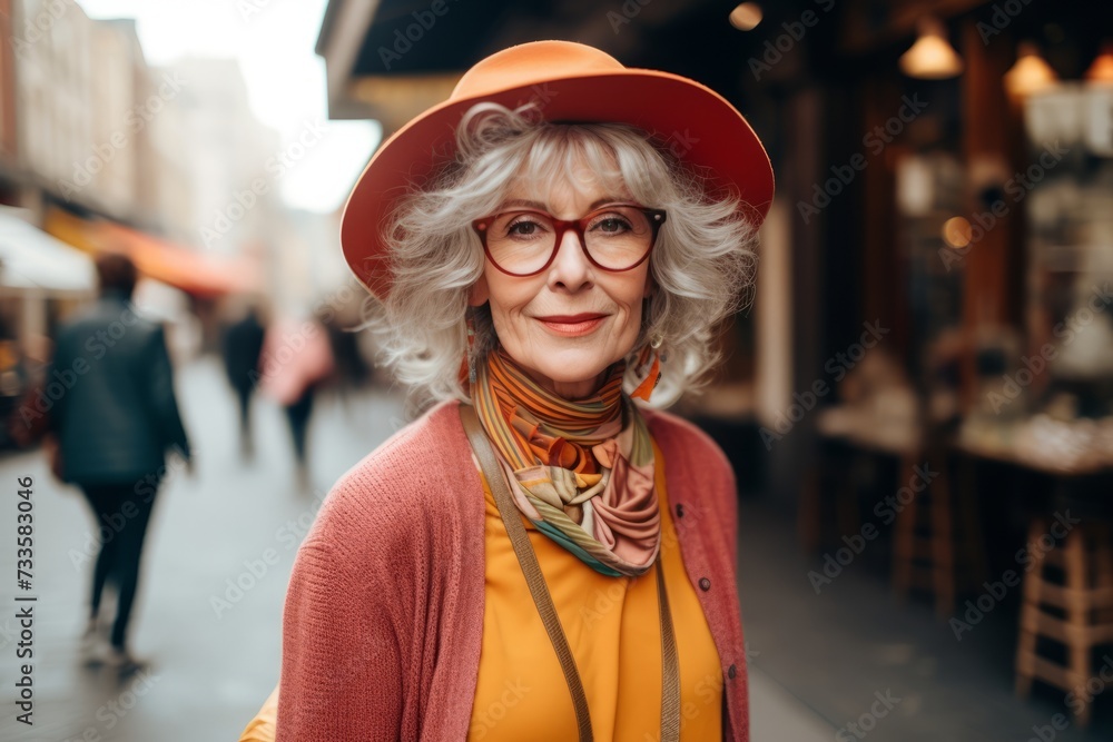 Portrait of senior woman in orange hat and glasses walking in the city.