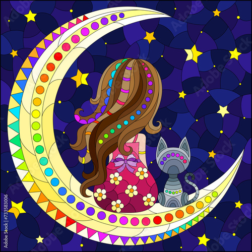 A stained glass illustration with a girl and a cat on the moon on a starry sky background