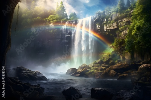A surreal scene of a rainbow arching over a waterfall in a misty forest. © Tachfine Art