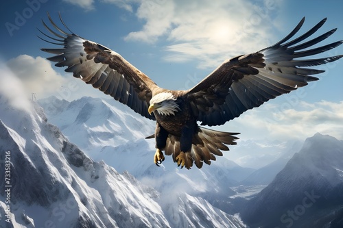 A golden eagle soaring high above snow-capped peaks in a mountainous landscape.