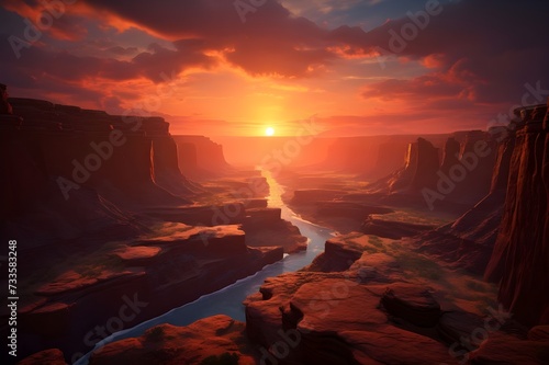 A breathtaking view of a canyon bathed in the warm hues of a desert sunset.