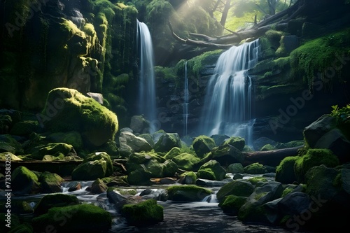A picturesque waterfall cascading down moss-covered rocks in a pristine forest.