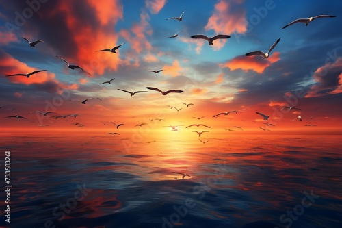 A flock of migratory birds flying in a V-formation against a colorful sunset sky. © Tachfine Art