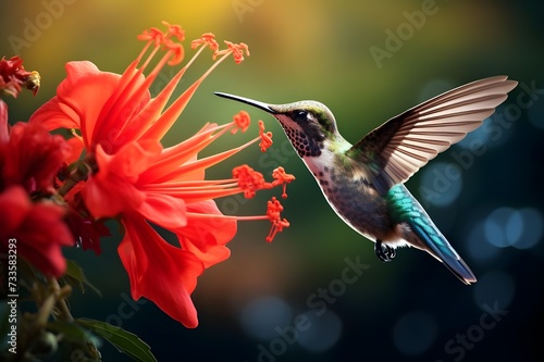 A close-up of a hummingbird feeding on nectar from a vibrant red flower. © Tachfine Art