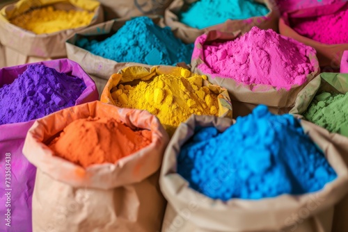 Festival of Colors: Assorted Colorful Gulal Powders in Various Containers for Celebrating Holi.  Generative AI.  © Carl & Heidi