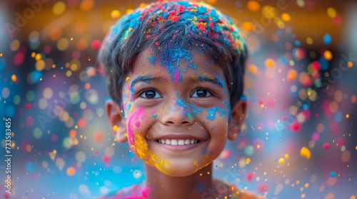 Young Boy Covered in Colored Powder Smiles at the Camera