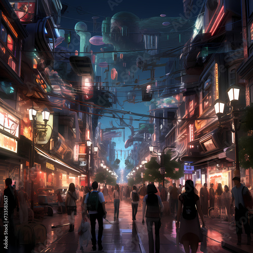 A bustling urban street with people and neon lights