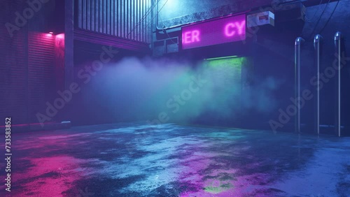 Cyberpunk sci-fi urban scene. Night alley with neon lights, smoke, signage, cables, air conditioning and old buildings for templates, banners. 4k video footage. 3d render modern design in stock video.
