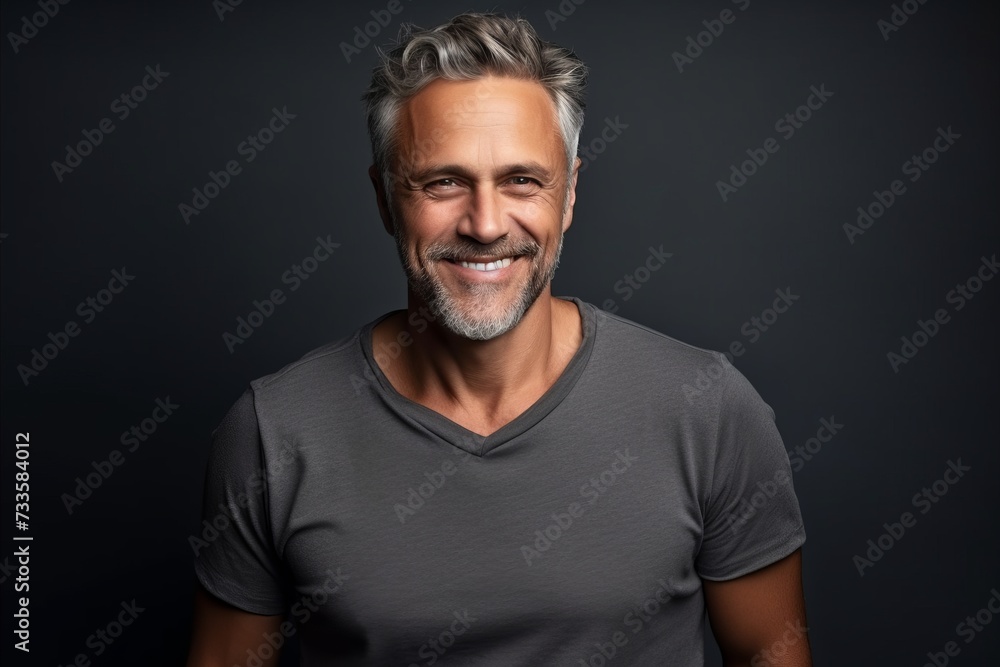 Portrait of a handsome middle-aged man in grey t-shirt. Portrait of a handsome middle-aged man in grey t-shirt.