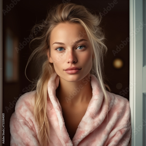 portrait of a woman wearing pink bathrobe