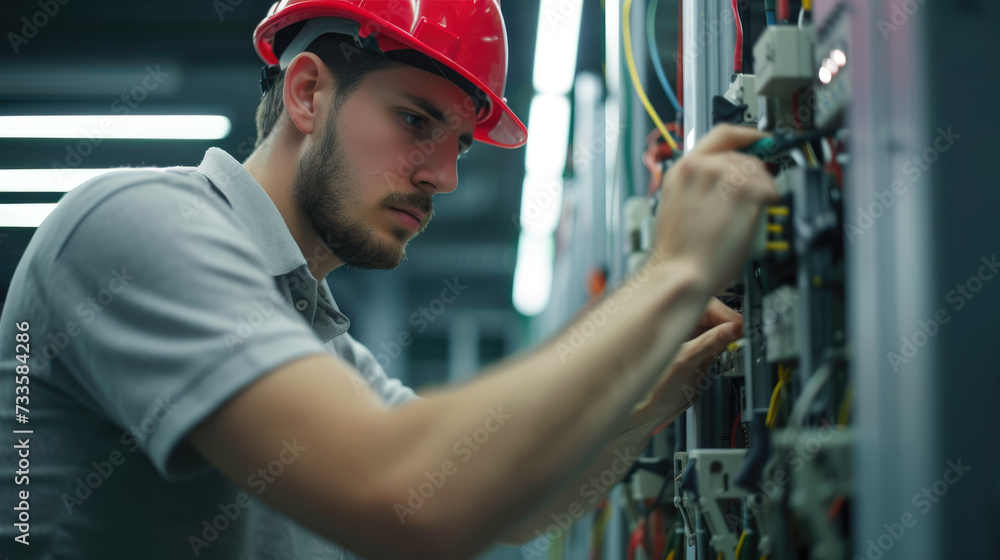 A professional electrician is carefully installing or repairing an electrical panel in an industrial environment, following safety protocols.