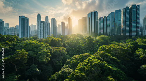 The sun sets behind a contrasting scene of a bustling city skyline and a serene green park, highlighting the blend of urban development and nature.