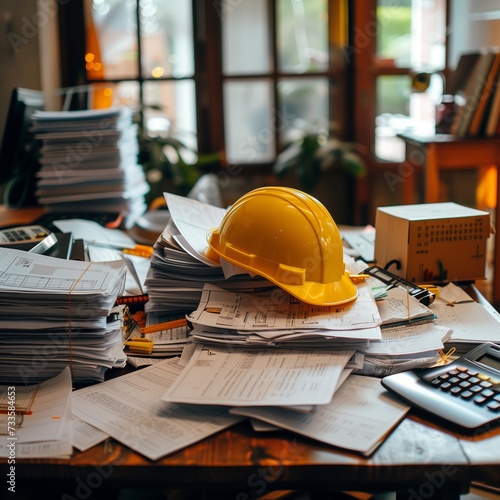 Yellow worker helmet in warehouse, construction helmet and blueprint on the table, construction helmet and tools on wood table, calculator and house plan