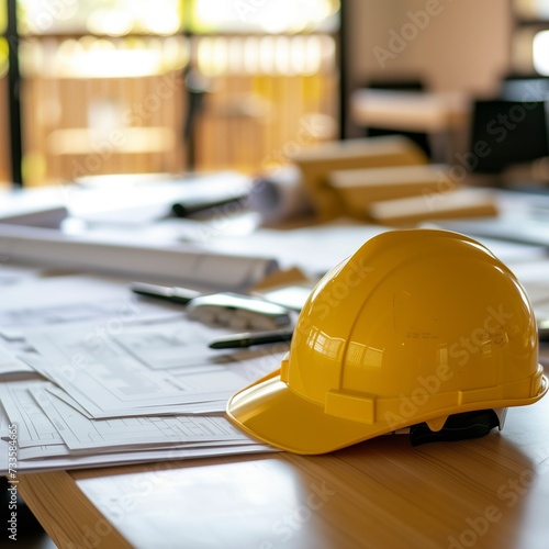 Yellow worker helmet in warehouse, construction helmet and blueprint on the table, construction helmet and tools on wood table, calculator and house plan