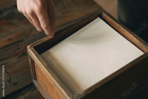 person is reaching into an open wooden drawer, which contains a blank sheet of paper