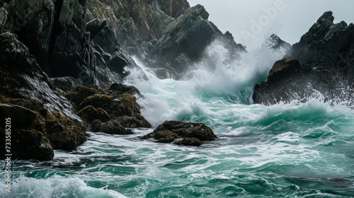 The powerful force of nature is on display as tumultuous sea waves crash against the stark  rugged cliffs under a clear sky.