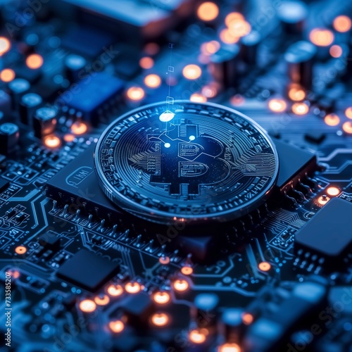 Bitcoins with an artificial intelligence chip. Technology Concept. blockchain motherboard 