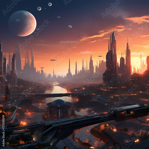 A futuristic cityscape at dusk. 