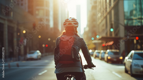 Biking to Work: A person biking to work through city streets, reducing carbon footprint and promoting healthy living.