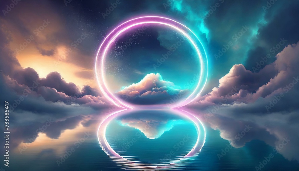 heart shaped cloud, glowing ethereal neon circular geometric shape in clouds with water reflection