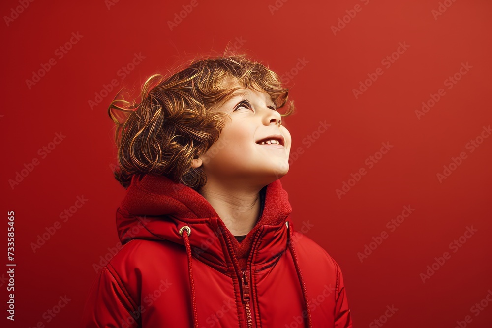 Portrait of a cute little boy in a red jacket on a red background. Portrait of a cute little boy in a red jacket on a red background.
