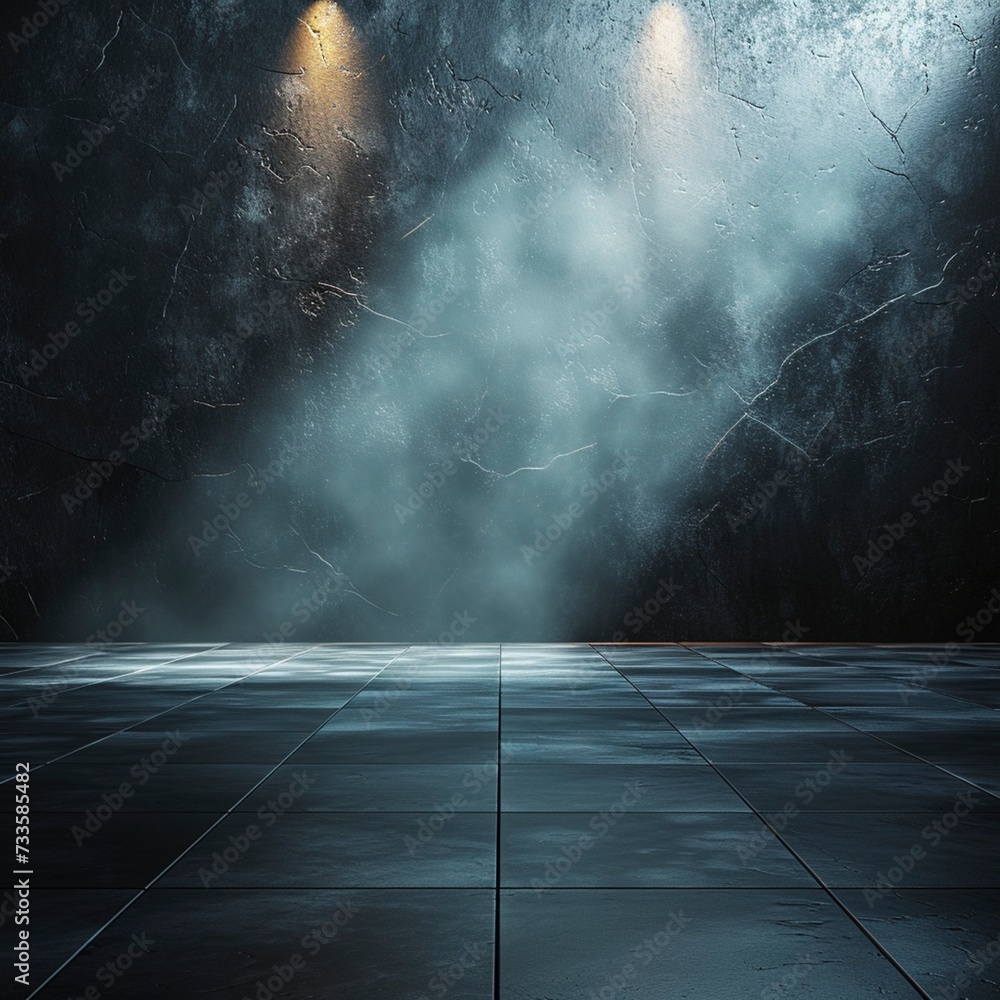 light in the dark, room with floor, blue dark wall and hanging lamps. classic dark interior with wall of stone. interior of basilica. mockup, copy space light in the dark, room with floor, blue dark wall and hanging lamps. classic dark interior with wall of stone. interior of basilica. mockup, copy space