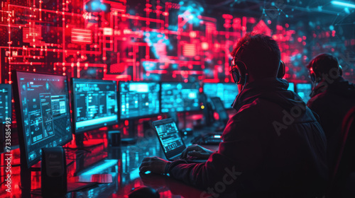cybersecurity experts work on computers with complex code on screens  in a high-tech  neon-lit control room environment.