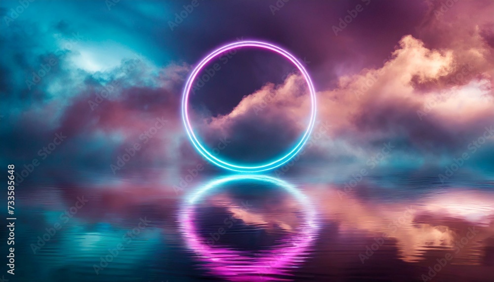 background with space and stars, glowing ethereal neon circular geometric shape in clouds with water reflection