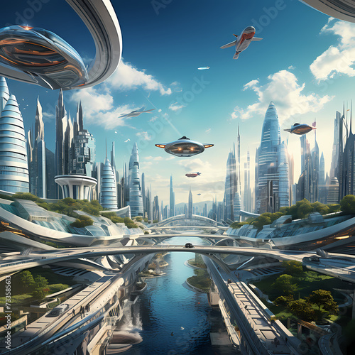 A futuristic cityscape with flying cars. 