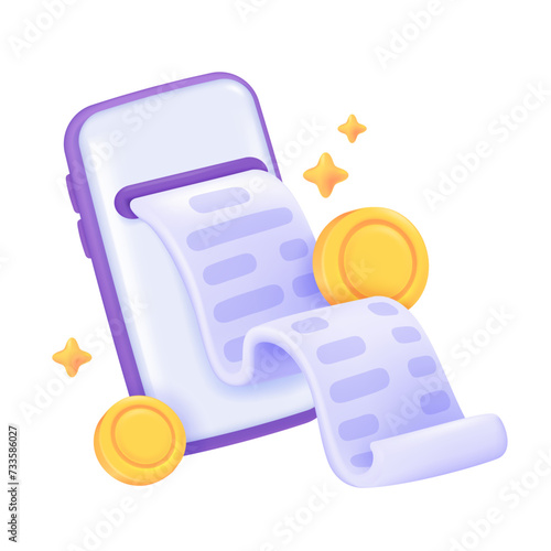 Mobile phone that prints expense receipt slips online billing concept Online product order list. 3D vector Illustration.