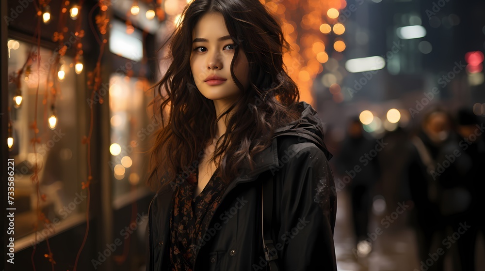 A Chinese model in a chic winter outfit, walking through a modern urban setting adorned with festive lights