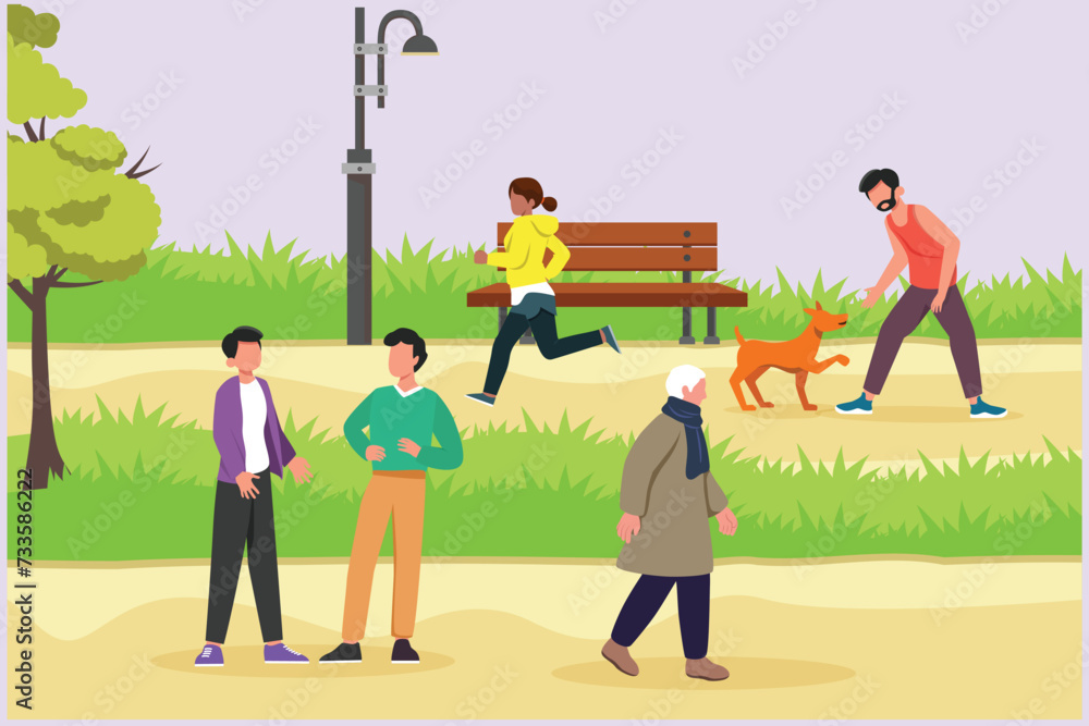 People walking, playing, riding bicycle at city park. Activities outdoors concept Colored flat vector illustration isolated. People walking, playing, riding bicycle at city park. Activities outdoors concept Colored flat vector illustration isolated.