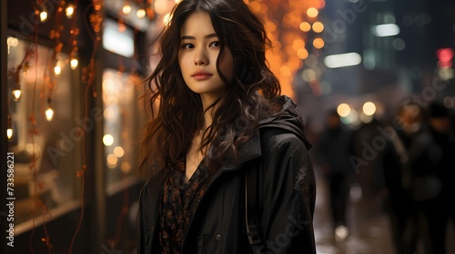 A Chinese model in a chic winter outfit, walking through a modern urban setting adorned with festive lights