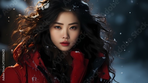 A Chinese model in a red winter coat, standing out against a backdrop of white snow, embodying the vibrancy of the season