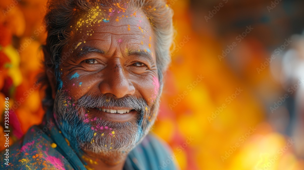 Elderly Man With a Joyful Expression Celebrating Holi Festival, Covered in Colorful Powders