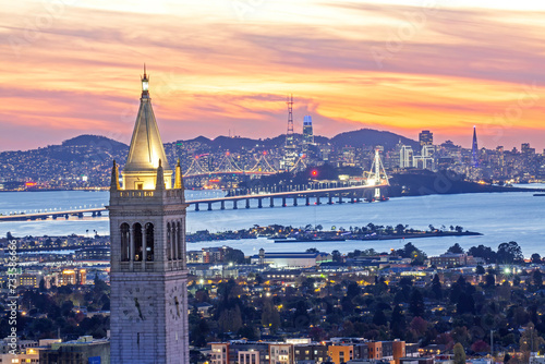 Sather Tower at UC Berkeley and San Francisco City Skyline