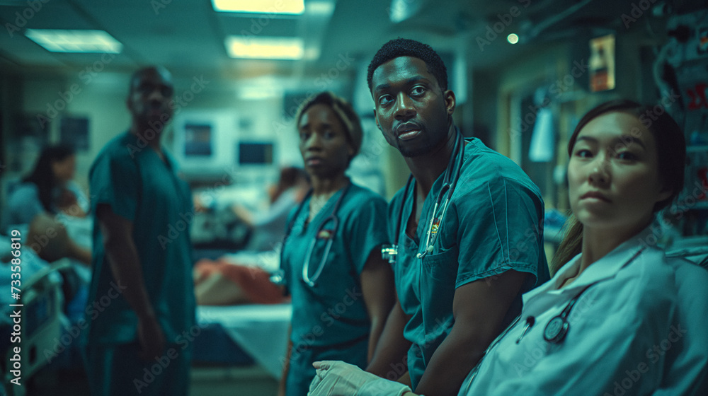 Emergency Room Diversity: A team of doctors and nurses from various ethnic backgrounds working together in a high-pressure emergency room setting, saving lives with skill and teamwork. Emergency Room Diversity: A team of doctors and nurses from various ethnic backgrounds working together in a high-pressure emergency room setting, saving lives with skill and teamwork.
