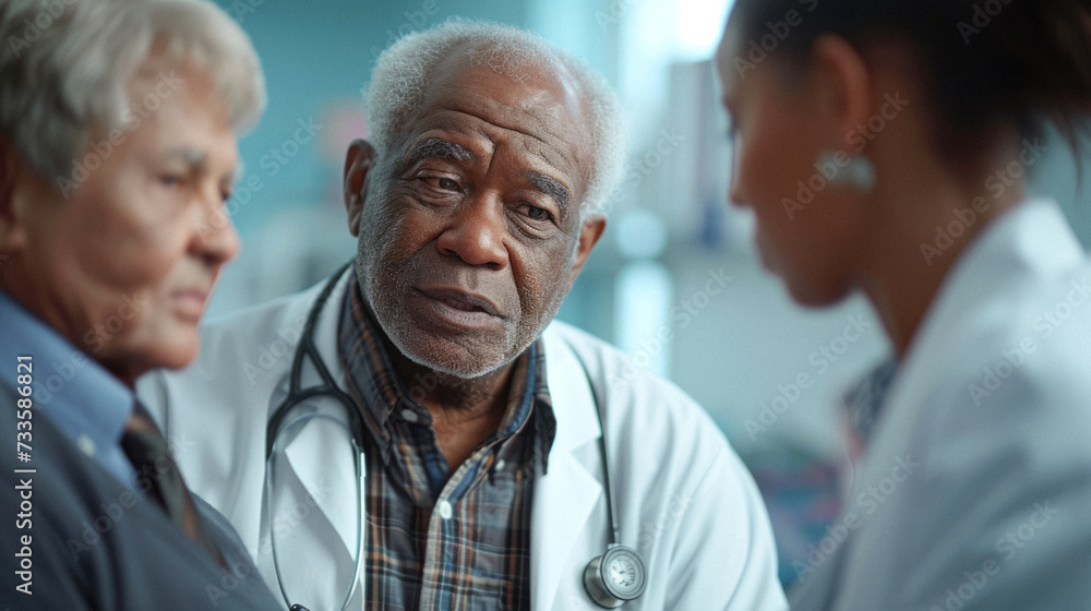 diverse healthcare professional discussing end-of-life care preferences with a patient and their family, ensuring the patient's wishes are respected and documented. - obrazy, fototapety, plakaty 