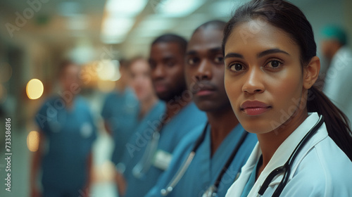Emergency Room Diversity: A team of doctors and nurses from various ethnic backgrounds working together in a high-pressure emergency room setting, saving lives with skill and teamwork.