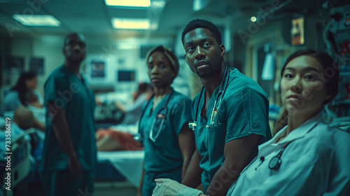 Emergency Room Diversity: A team of doctors and nurses from various ethnic backgrounds working together in a high-pressure emergency room setting, saving lives with skill and teamwork.